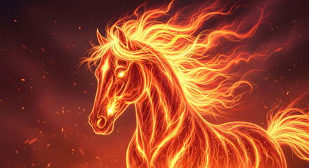 Majestic fiery horse with a flaming mane and tail in a dark smoky background
