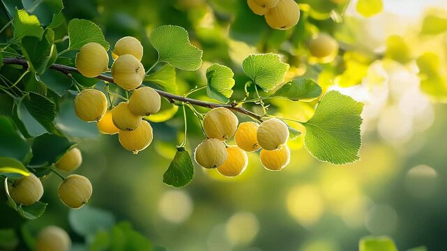 Fresh immature gingko nuts on a branch tree video