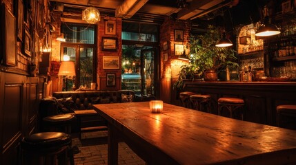 Warm lights create a relaxing vibe in a small tavern inviting guests to unwind after a busy day.