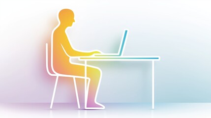 Silhouette of a person working on a laptop at a desk. Modern minimalist illustration of an office worker. Remote job and technology concept with copy space