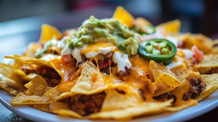 A plate of cheesy nachos topped with guacamole and jalapenos, perfect for a party or snack