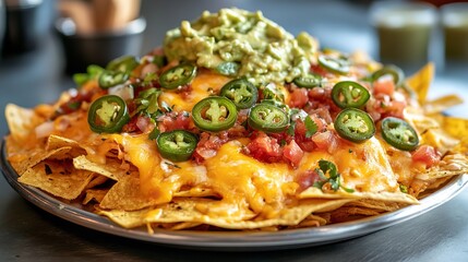 Delicious plate of nachos with melted cheese, guacamole, salsa, and jalapeos, a popular mexican appetizer