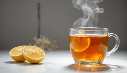 Glass cup of hot tea with steam and lemon slice