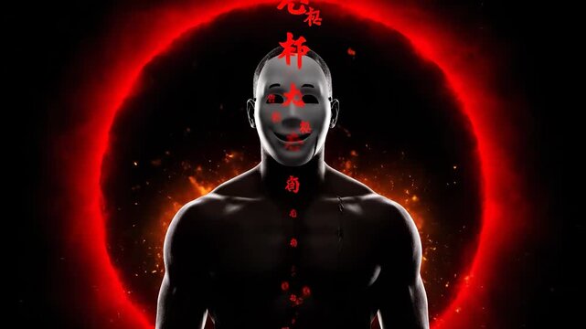 Standing android with mask and glow. Mannequin robot poses against futuristic cyber ring. Artificial intelligence theme emphasized by expressionless face. Dark surreal fire and script add mystery.
