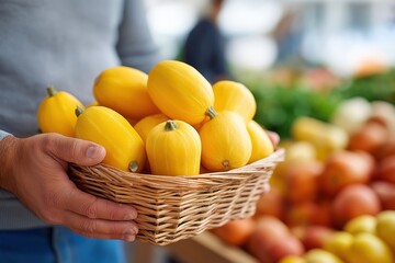 Man holding a wicker basket of fresh yellow summer squash. Shopping for organic produce at a local farmers' market