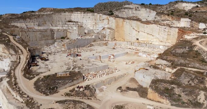 Aerial view of a large marble quarry.