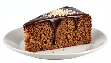 Slice of moist cake with glossy chocolate glaze and shredded cheese on white plate, isolated on white background