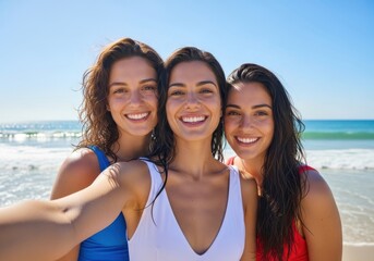 Three smiling young women taking a selfie on a sunny beach with the ocean and clear blue sky in the background