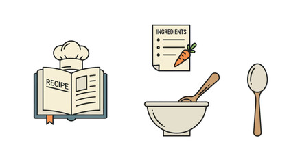 Illustrated Cooking Essentials: Recipe Book Chef Hat Ingredients List Bowl and Spoons.
