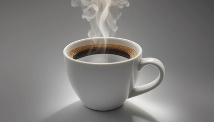Cup of black coffee with light steam, served in white ceramic cup, isolated on white background, realistic