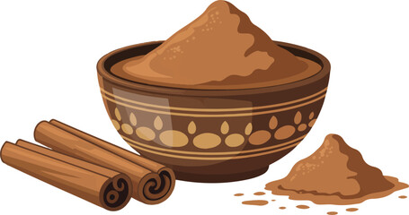 Cinnamon sticks and a bowl of ground powder spice for cooking and baking vector illustration