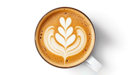 Cup of cappuccino with milk foam and latte art, isolated on white background, realistic texture