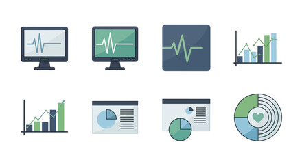 A collection of flat vector icons for data analysis health monitoring and business dashboards.