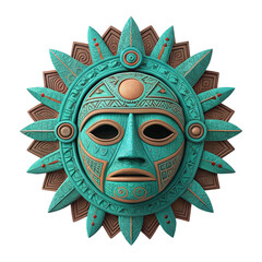 Fototapeta premium Turquoise and brown ancient sun mask with feather headdress