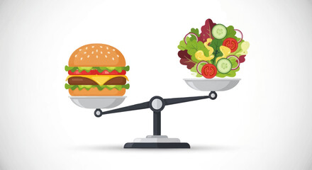 Balance Scale Weighing Burger Against Healthy Salad.