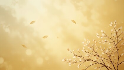 Pastel creamy yellow background with delicate leafy branches in the lower corner, soft sunlight tone and warm minimalist style