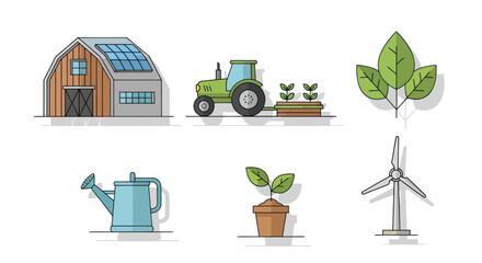 Collection of Flat Design Icons Representing Sustainable Agriculture and Renewable Energy.