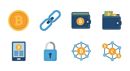 Cryptocurrency and Blockchain Technology Icons Set Digital Finance and Security Elements.