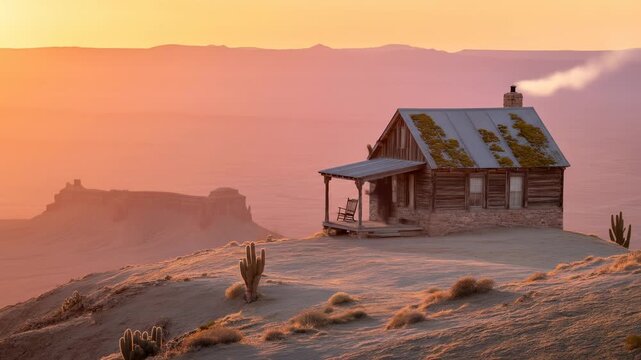 A rustic cabin, smoke curling from the chimney, stands on a desert mesa at sunrise