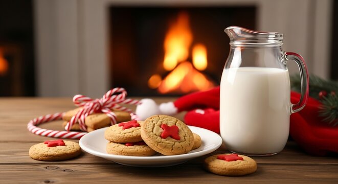 Cozy Christmas treats warm hearth glow, sweet cookies and cold milk await festive indulgence, creating cherished holiday memories for families and friends.