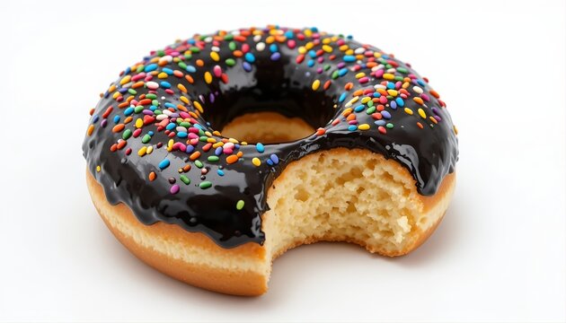 a donut with bite marks with black chocolate frosting and colorful sprinkles and bite mark, isolated on white