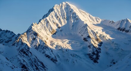 Majestic snow-covered mountain peak bathed in warm golden sunlight creating dramatic shadows and a breathtaking natural landscape