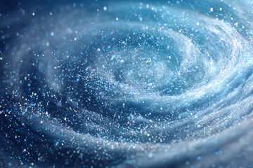 Abstract snow swirl. White ice particles in motion. Blue gradient background. Dynamic winter composition.