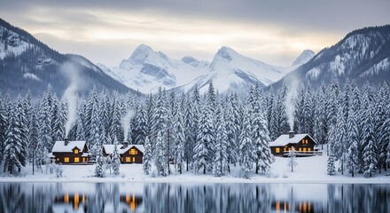 Cozy wooden cabins nestled in a snow-covered forest beside a serene lake with majestic mountains in the background and warm light glowing from windows.