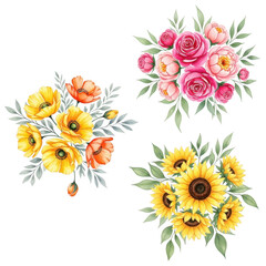 Naklejka premium Three beautiful watercolor flower arrangements featuring roses sunflowers and poppies with green foliage isolated on transparent background