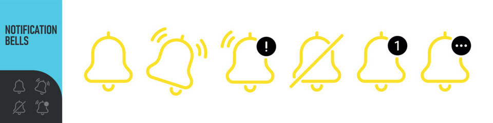 Notification bells icon. Ringing bell with new notification for alarm clock and smartphone application alert or new message. Bells is shaking to alert new notifications, ​for web site, logo, app, UI