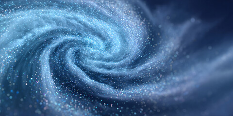 Abstract snow swirl. White ice particles in motion. Blue gradient background. Dynamic winter composition.