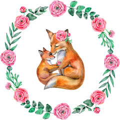 Watercolor illustration of a mother fox and baby fox in a floral wreath of pink ranunculus and green leaves. Tender and heartwarming composition perfect for Mother's Day cards, prints, and nursery dec