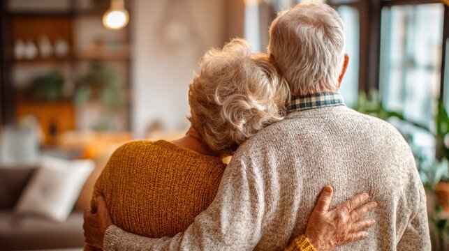Elderly couple cuddles close enjoying a peaceful moment together in their warm inviting living room.