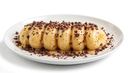 Sliced bananas with cheese glaze and shredded chocolate on white plate, isolated on white background