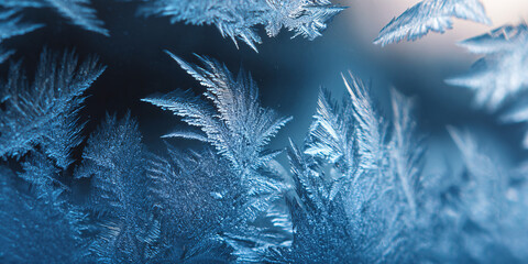 Frost macro texture. Ice crystals on glass. Cool blue tones. Detailed winter background. New Year. Frost and cold.