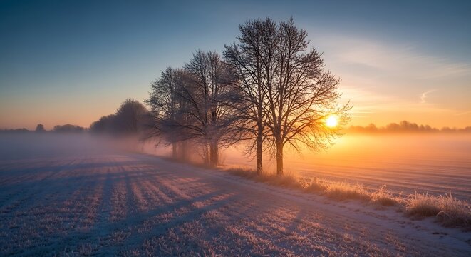 Stunning winter sunrise casts long shadows across a frosty field with mist swirling around bare trees