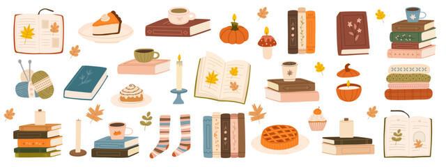 Cozy autumn hand drawn reading collection. Set of books and autumn vibe elements. Cup of tea, coffee, candles, knitting, socks, pumpkin pie, cinnamon roll, cupcake. Flat vector illustration.