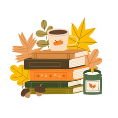 Cozy autumn scene with tea cup, stack of books, candle and leaves. Fall hand drawn composition with warm reading atmosphere. Flat vector illustration.