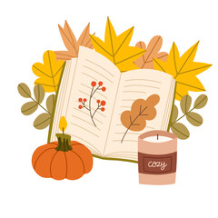 Cozy autumn scene with tea cup, open book, candle and leaves. Fall hand drawn composition with warm atmosphere. Flat vector illustration.