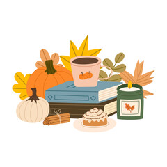 Cozy autumn scene with tea cup, stack of books, candle, pumpkins, cinnamons and leaves. Fall hand drawn composition with warm reading atmosphere. Flat vector illustration.