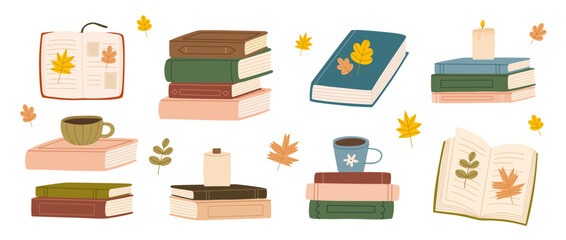 Book piles set with coffee, tea, candles and leaves. Cozy autumnal reading atmosphere. Flat vector illustration.