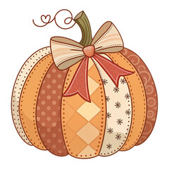 Charming autumn pumpkin adorned with a quilted patchwork design and a festive bow perfect for fall decorations