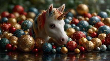 Unicorn Surrounded by Shimmering Christmas Ornaments – Cute Fantasy Holiday Illustration