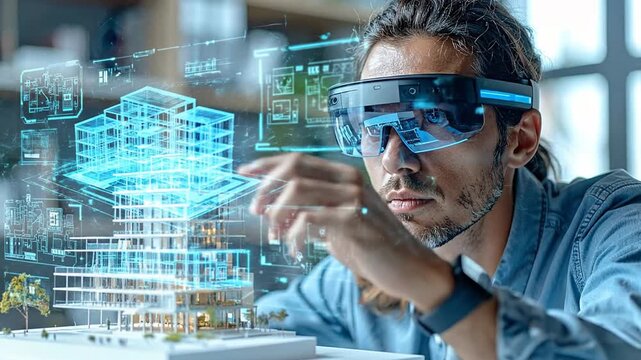 Architect Wearing Augmented Reality Headset Designing a Building in a Futuristic Workspace