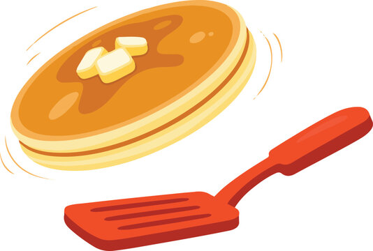 Flipping pancakes with butter and syrup for breakfast food concept cartoon vector illustration
