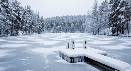 Serene winter wonderland with a snow-covered wooden pier on a frozen lake amidst snow-laden pine trees under a soft grey sky