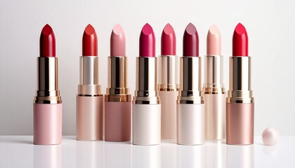 Gradient Row of Lipsticks in Gold Tubes Symbolizing Cosmetic Elegance and Editorial Styling for Beauty and Lifestyle Use
