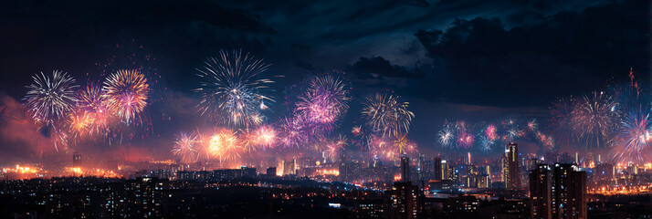 New Year's Eve night sky with fireworks exploding over the city. Bright colors and a festive atmosphere. Cityscape view.