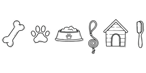 Line Art Dog Essentials Bone Paw Print Bowl Leash House and Brush in Black White Pet Care Supplies Doodle Style Vector