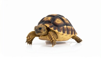 Fototapeta premium Tortoise Eating Leafy Green on White Surface Symbolizing Natural Behavior and Editorial Styling for Wildlife and Lifestyle Use